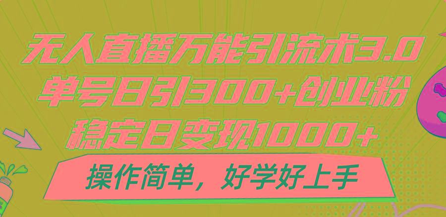 无人直播万能引流术3.0，单号日引300+创业粉，稳定日变现1000+，操作简单-归鹤副业商城