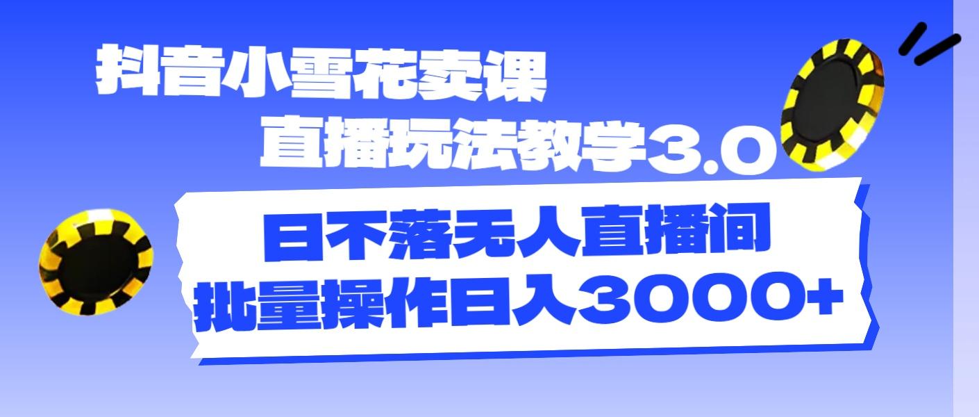 抖音小雪花卖课直播玩法教学3.0，日不落无人直播间，批量操作日入3000+-归鹤副业商城