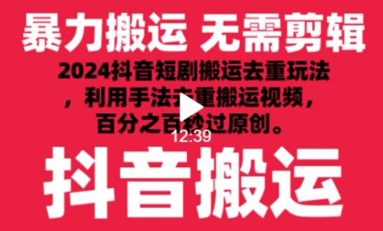 2024最新抖音搬运技术，抖音短剧视频去重，手法搬运，利用工具去重，达到秒过原创的效果【揭秘】-归鹤副业商城