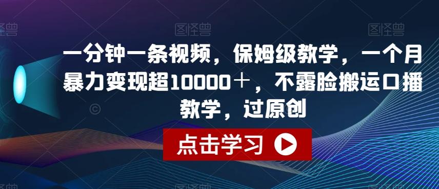 一分钟一条视频，保姆级教学，一个月暴力变现超10000＋，不露脸搬运口播教学，过原创-归鹤副业商城