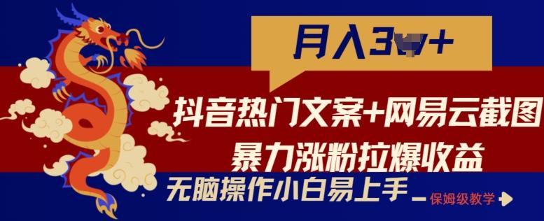 抖音热门文案+网易云截图暴力涨粉拉爆收益玩法，小白无脑操作，简单易上手【揭秘】-归鹤副业商城